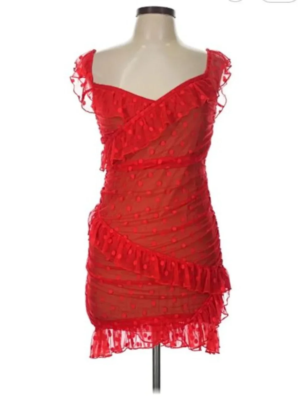 Majorelle Bandit Mini Dress Large Red Polka Dot Ruffle Asymmetrical Y2K Romantic